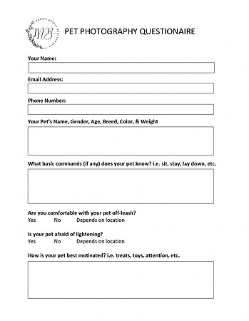 PET PHOTOGRAPHY QUESTIONAIR (PAGE 1)
